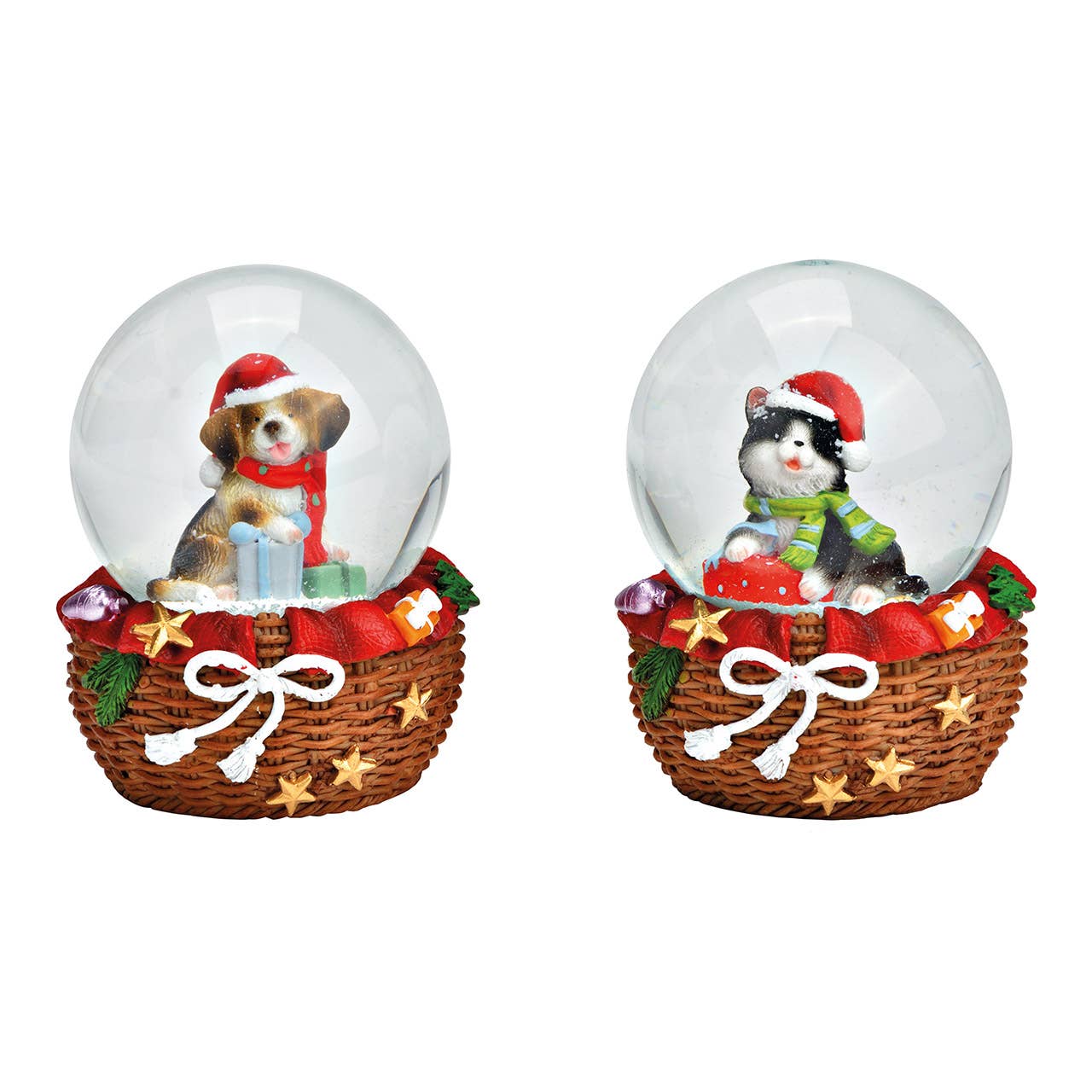 Bola de nieve perro, gato con gorro de Navidad de poliéster/vidrio rojo 2 unidades, (A/Al/P) 7x9x6cm