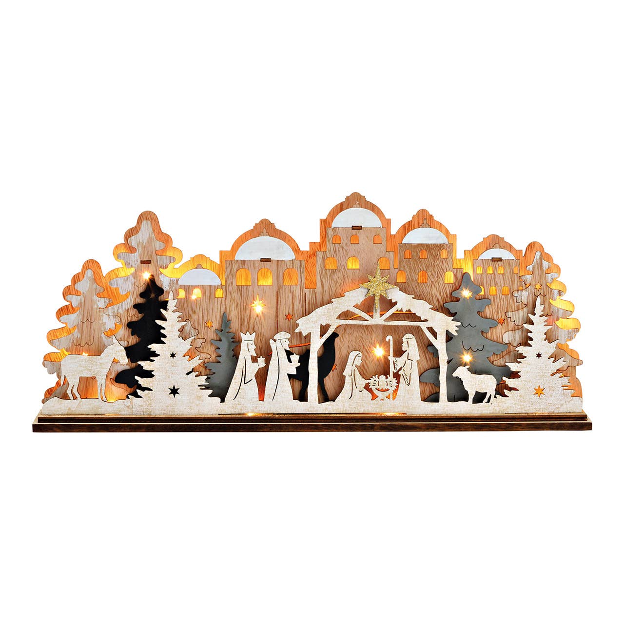 Escena de pesebre con LED de madera natural (A/A/P) 45x19x6cm