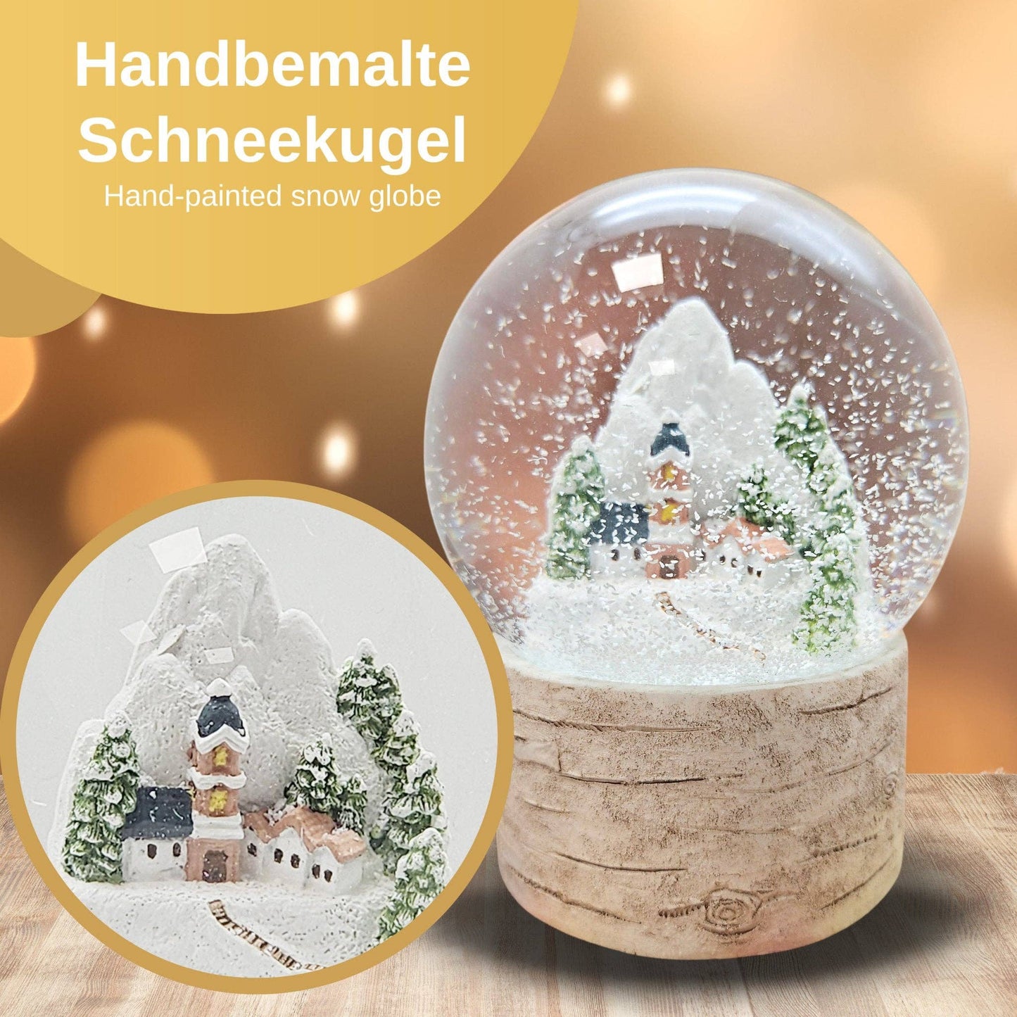 Bola de nieve Mountain Village sobre base de madera «Country-Line» de 10 cm de diámetro