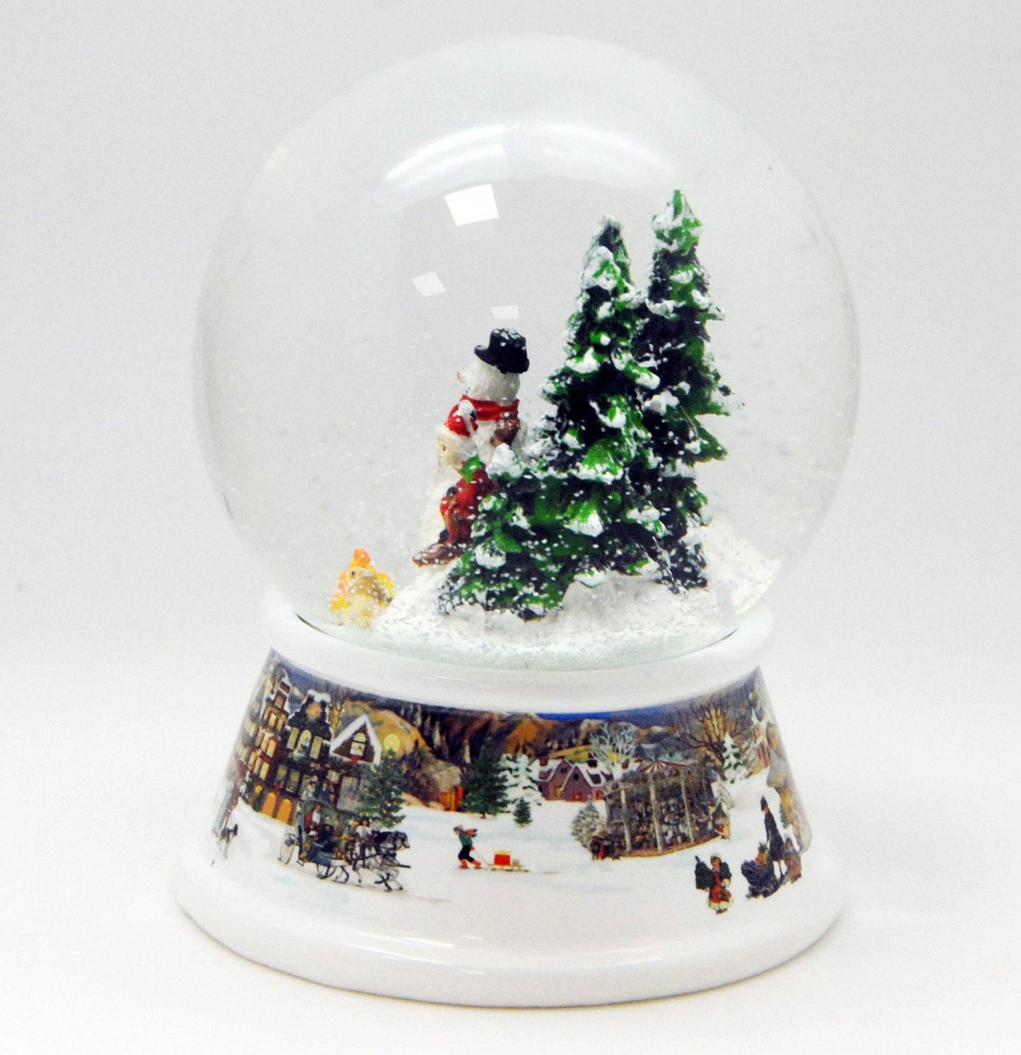 Bola de nieve Muñeco de nieve de pie frente a una fogata sobre un pedestal, paisaje nostálgico de una casa con caja de música de 10 cm de diámetro