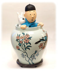 POTICHE DU LOTUS BLEU - statuette résine et porcelaine 44 cm