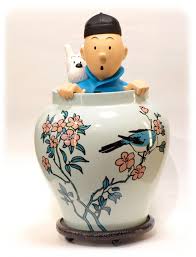 POTICHE DU LOTUS BLEU - statuette résine et porcelaine 44 cm