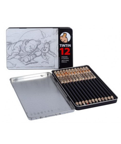 Estuche metálico con 12 lápices de dibujo HB .