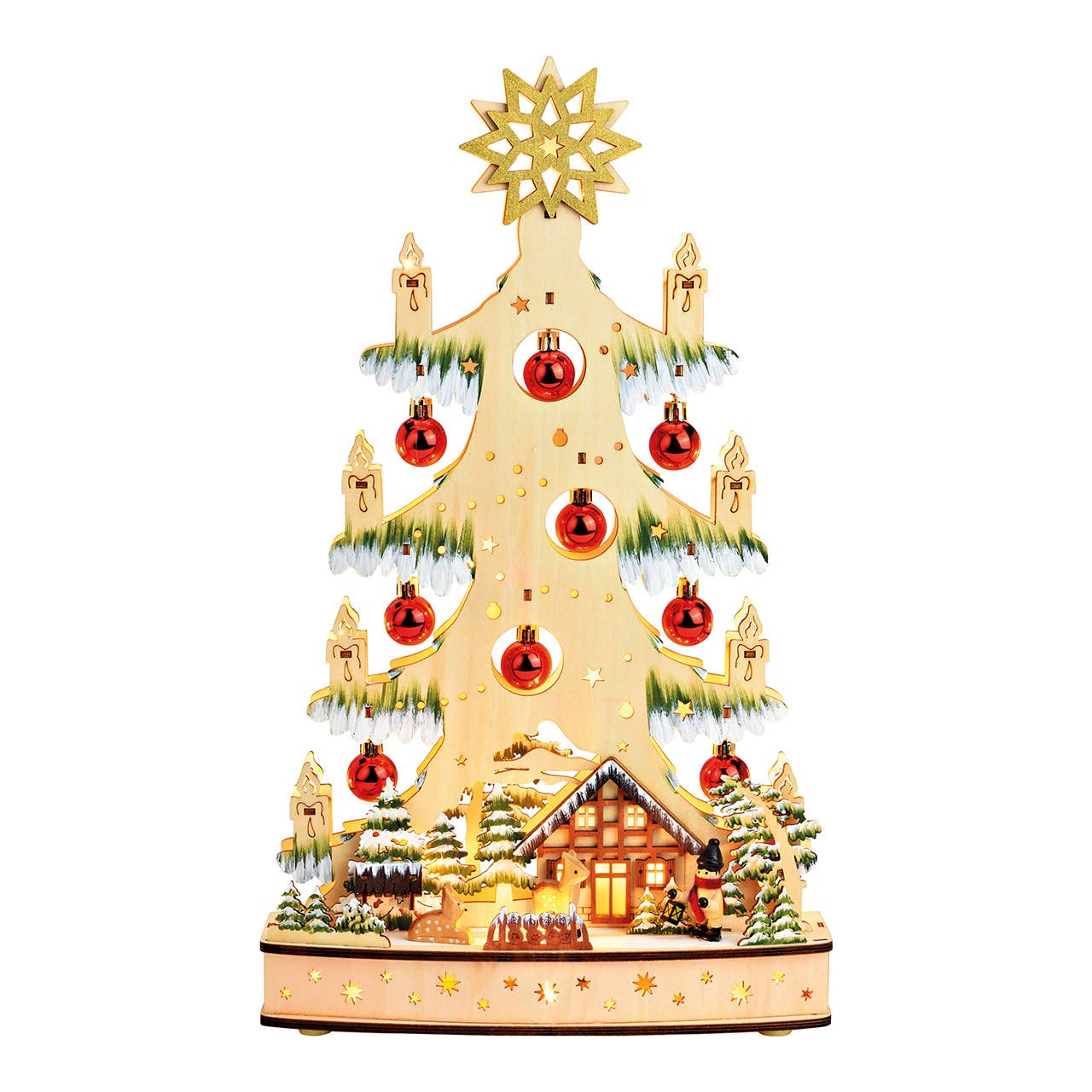 Expositor árbol de Navidad con bola navideña, con LED, de madera natural (A/Al/P) 27x45x9cm Funcionamiento con pilas 3xAA no incluidas, Caja de baterías con función doble y temporizador.
