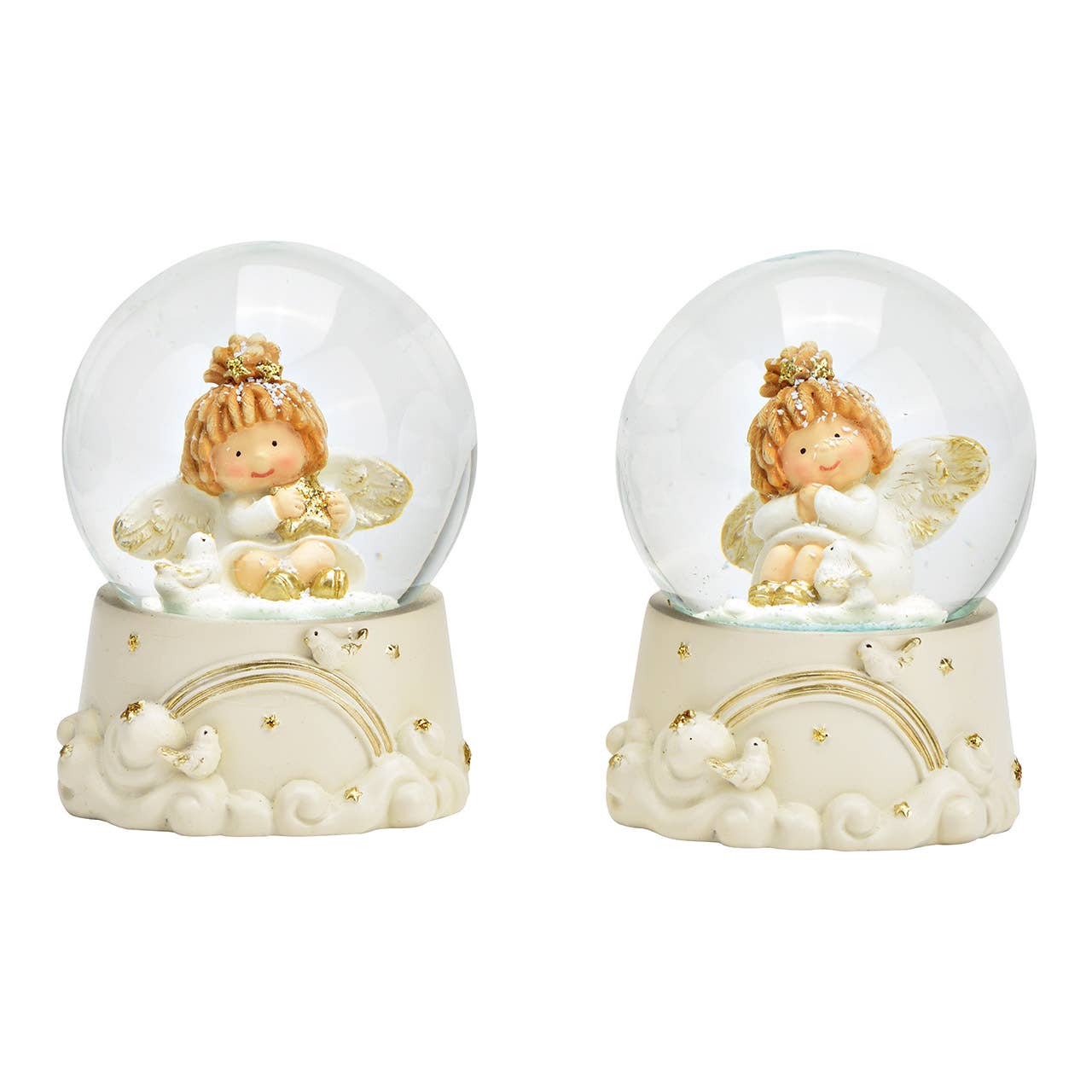 Bola de nieve ángel de poliéster dorado, blanco 2 unidades, (A/Al/P) 6x9x6cm