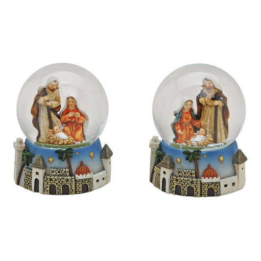 Bola de nieve con pesebre de vidrio/poliresina, escena urbana, 2 modelos surtidos (A/Al/P) 7x9x7 cm