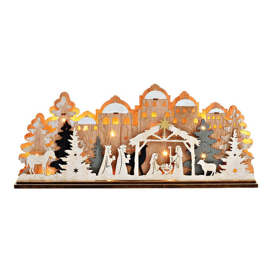 Escena de pesebre con LED de madera natural (A/A/P) 45x19x6cm