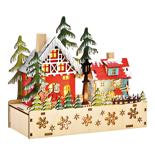 Escena invernal con LED, funcionamiento a pilas 2xAA no incluidas, caja de baterías con doble función y temporizador de madera colorida (A/Al/P) 20x17x8cm