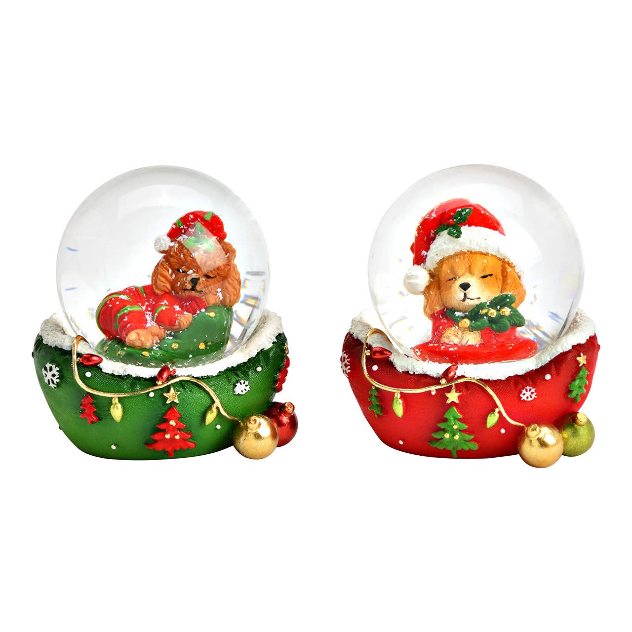 Bola de nieve Perro con gorro de Navidad de poliéster/vidrio, 2 unidades, rojo/verde (A/Al/P) 5x6x5cm